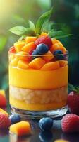 Colorful fruit parfait with mango, berries, and creamy layers served in a glass during a sunny day photo
