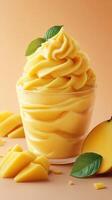 Creamy mango swirl dessert with fresh mango slices and green leaves on a warm background photo