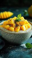 Delicious mango chia pudding topped with fresh mango chunks and mint leaves served in a textured bowl photo