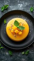 Mango dessert with mint leaves and garnish on a black plate, evoking a fresh culinary experience photo