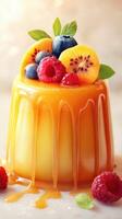 Colorful dessert topped with fresh fruits and caramel drizzle on a light background photo