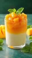 Delightful mango mousse with fresh mint displayed beautifully on a textured turquoise background photo