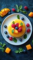 Delicious mango mousse topped with fresh berries and mint leaves on a stylish plate photo