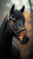 Majestic dark horse standing in a serene, blurred forest backdrop during golden hour photo