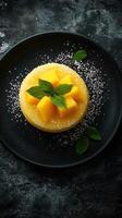Delicious mango dessert topped with fresh fruit and mint on a dark background for a tempting culinary treat photo
