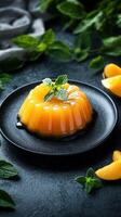 Delicious orange jelly dessert garnished with fresh mint and served on a black plate, perfect for any gathering photo