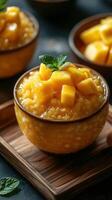Mango sticky rice dessert served in bowls with fresh mango chunks and mint garnish photo