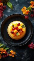 Delicious dessert featuring tropical fruits and vibrant flowers served on a dark plate photo