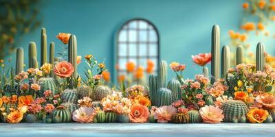 Colorful desert garden featuring various cacti and vibrant flowers in an artistic indoor setting photo
