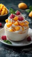 Delicious dessert bowl topped with fresh mango, raspberries, and whipped cream garnished with mint leaves photo