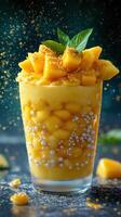 Refreshing mango dessert with layers of fruit and cream in a clear glass served on a textured surface photo