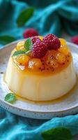 Creamy dessert topped with fresh raspberries and fruit jelly on a patterned plate with green background photo