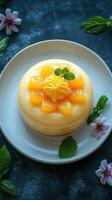 Yellow fruit dessert topped with whipped cream and mint on a white plate surrounded by flowers and leaves photo