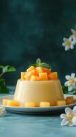 Delightful mango panna cotta topped with fresh fruit and mint on a serene background with flowers photo