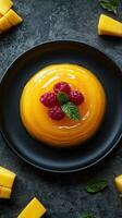 Mango mousse topped with fresh raspberries and mint served on a black plate with mango pieces nearby photo