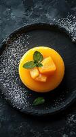 Delicious mango mousse dessert with mint leaves served on a black slate plate against a dark background photo