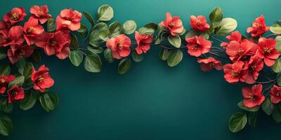 Vibrant red flowers intertwined with green leaves against a teal background creating a lively botanical display photo