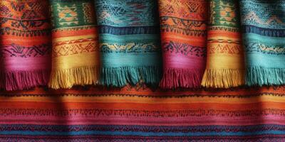 Colorful handwoven textiles displayed in a market showcasing intricate patterns and vibrant hues photo
