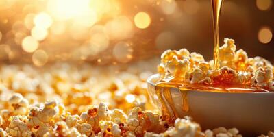 Popcorn drizzled with golden syrup surrounded by a warm, glowing background creating a cozy snack atmosphere photo