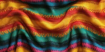 Colorful textile with vibrant stripes in red, yellow, green, and blue patterns suitable for various crafts and decor photo