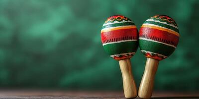 Colorful maracas stand on a wooden surface against a green backdrop, evoking a festive cultural atmosphere and lively music photo
