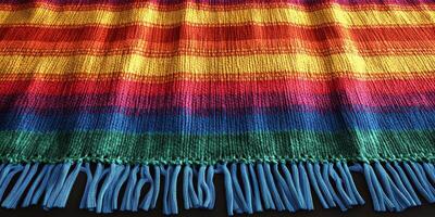 Colorful woven blanket displaying vibrant stripes and patterns on a dark background in a warm, cozy atmosphere photo