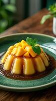 Delightful mango dessert topped with fresh fruit on a green plate indoors with natural light photo