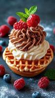Deliciously crafted waffle dessert topped with chocolate and fresh berries on a dark surface photo