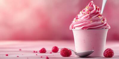 Tasty dessert with pink frosting served in cup garnished with raspberries and colorful sprinkles photo