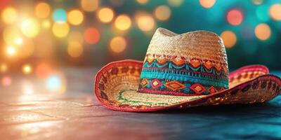 Colorful sombrero shines under soft lights in festive celebration atmosphere during a vibrant summer evening event photo