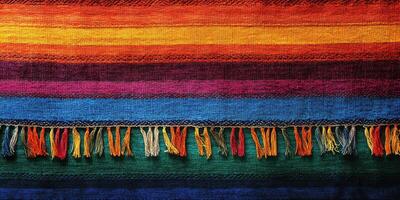Colorful woven textile with vibrant patterns displaying rich hues and intricate fringe details in a close-up view of artistic craftsmanship photo