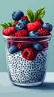 Colorful berry parfait in a glass jar featuring layers of chia seeds and fresh mint decorations photo