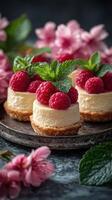 Delicious raspberry cheesecakes on a rustic plate surrounded by pink flowers and green leaves photo