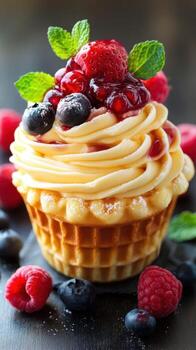 Delicious dessert with creamy frosting and mixed berries on top in a stylish setting photo