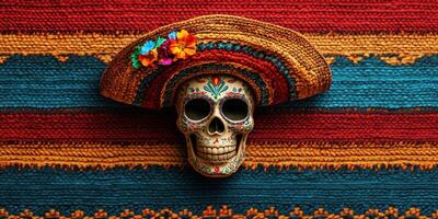 Colorful decorative skull with sombrero on vibrant woven textile backdrop photo