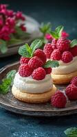 Delicious raspberry desserts presented on a rustic plate with fresh mint leaves and a floral backdrop photo