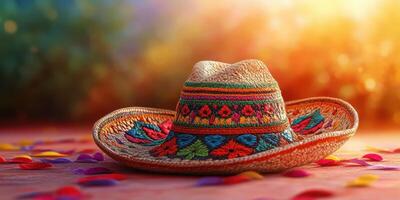 Colorful sombrero placed on a vibrant table surrounded by petals and warm sunlight during a festive celebration photo