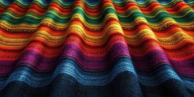 Colorful woven textile showcasing vibrant patterns and textures in deep waves of fabric photo