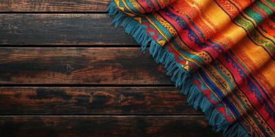 Colorful woven blanket draped on a rustic wooden surface showcasing intricate patterns and vibrant hues photo