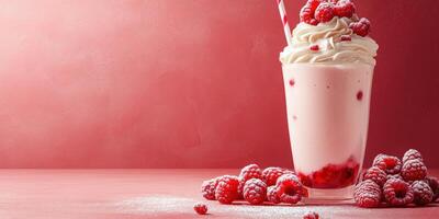 Delicious raspberry shake topped with whipped cream and fresh berries on a pastel pink background photo
