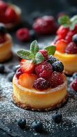 Delicious miniature cheesecakes topped with fresh berries and mint on a dark backdrop photo