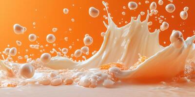 Splashing orange liquid creates an artistic display against a vibrant background in a creative setting photo