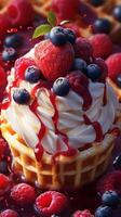 Delicious dessert featuring whipped cream, berries, and syrup drizzled over a waffle cup served in a vibrant setting photo