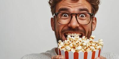 Enthusiastic man holding a large bowl of popcorn with a joyful expression during a movie night photo