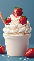 Delicious dessert topped with fresh strawberries and whipped cream in a minimalist setting photo