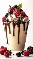 Delicious dessert with chocolate sauce, whipped cream, and mixed berries presented in a glass cup photo
