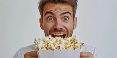 Excited man holding a large box of popcorn with an enthusiastic smile in a bright setting photo