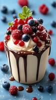 Delicious dessert cup filled with whipped cream and topped with fresh berries in a colorful display photo