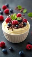 Delicious dessert with whipped cream topped with fresh berries and chocolate shavings in an elegant bowl photo