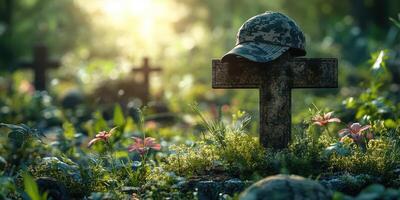 Military hat resting on a gravestone surrounded by flowers in a serene memorial setting at dusk photo